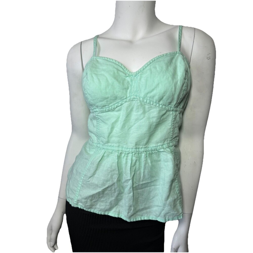 Aerie Light Aqua Blue Eyelet Corset Fitted Rouched  Linen Tank Top – Women's L